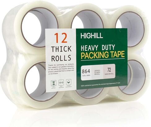 شريط تغليف عالي التحمل، شريط تغليف شفاف أكثر سمكًا للشحن والتعبئة المتحركة وختم 12 لفة، إجمالي 864Y 2.5 مل، 1.88 بوصة × 72 ياردة in Kuwait