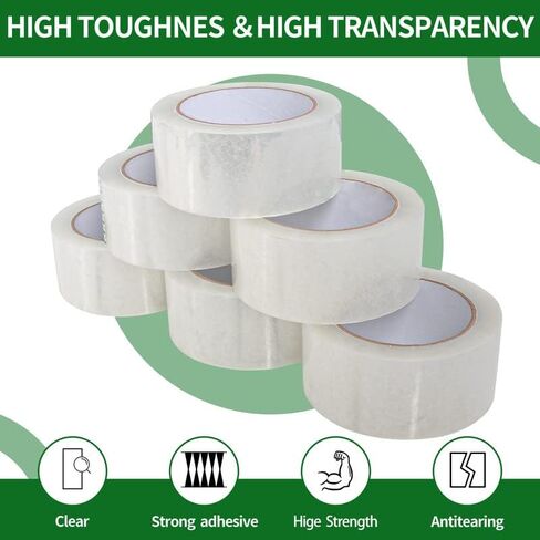 شريط تغليف عالي التحمل، شريط تغليف شفاف أكثر سمكًا للشحن والتعبئة المتحركة وختم 12 لفة، إجمالي 864Y 2.5 مل، 1.88 بوصة × 72 ياردة in Kuwait
