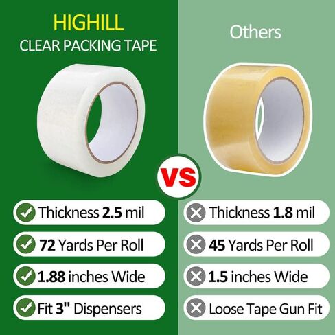 شريط تغليف عالي التحمل، شريط تغليف شفاف أكثر سمكًا للشحن والتعبئة المتحركة وختم 12 لفة، إجمالي 864Y 2.5 مل، 1.88 بوصة × 72 ياردة in Kuwait