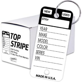Versa-Tags Top Stripe Key Tags, 250 Car Key Tags Write On Heavy Duty Plastic Key Tags, and White Tear Proof Vinyl Poly Key Tags (Black), 2 Markers and 250 Rings Included in Saudi Arabia
