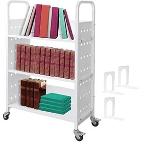 Book Cart, 200 Lbs Library Cart, Rolling Book Cart Single Sided L-Shaped/V-Shaped Flat Shelves with 4 Inch Lockable Wheels for Home Shelves Office and School Book Truck in Black