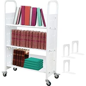 Book Cart, 200 LBS Library Cart, Rolling Book Cart, Single Sided L-Shaped/V-Shaped Sloped Shelves with Lockable Wheels for Home Shelves Office School Book Truck