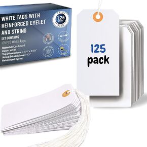 125 Pcs Hang Tags with Reinforced Eyelet, Pre-Attached Wire Cardboard for Labeling Price Sale Shipping Product Inventory Luggage Garage Hanging Items 4 3/4 x 2 3/8 inch (Manila Wire)