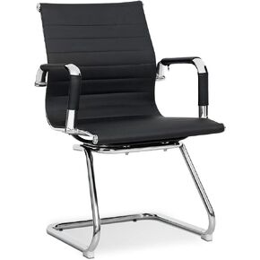 MoNiBloom Office Guest Chair Without Wheels PU Leather Mid-Back Sled Base Chairs for Reception Desk Waiting Meeting Conference Room, Black