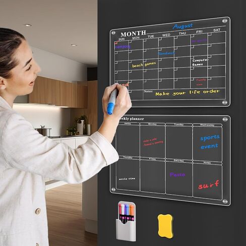 Amzone Acrylic Magnetic Calendar for Fridge 16"x12", 2 Set Monthly Weekly Dry Erase Board Planner for Refrigerator, Reusable Clear Calendar Includes Eraser and 6 Markers in Saudi Arabia