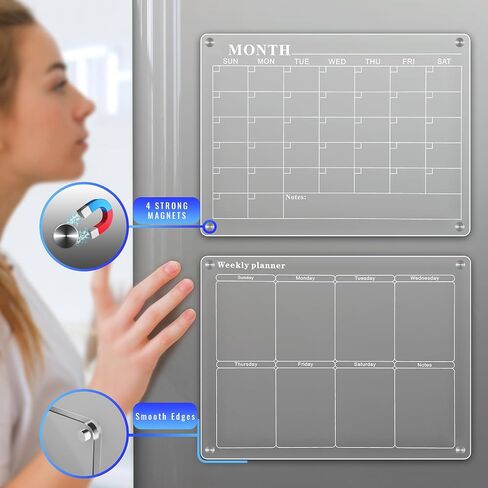 Amzone Acrylic Magnetic Calendar for Fridge 16"x12", 2 Set Monthly Weekly Dry Erase Board Planner for Refrigerator, Reusable Clear Calendar Includes Eraser and 6 Markers in Saudi Arabia