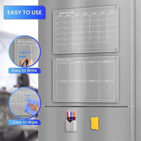 Amzone Acrylic Magnetic Calendar for Fridge 16"x12", 2 Set Monthly Weekly Dry Erase Board Planner for Refrigerator, Reusable Clear Calendar Includes Eraser and 6 Markers in Saudi Arabia