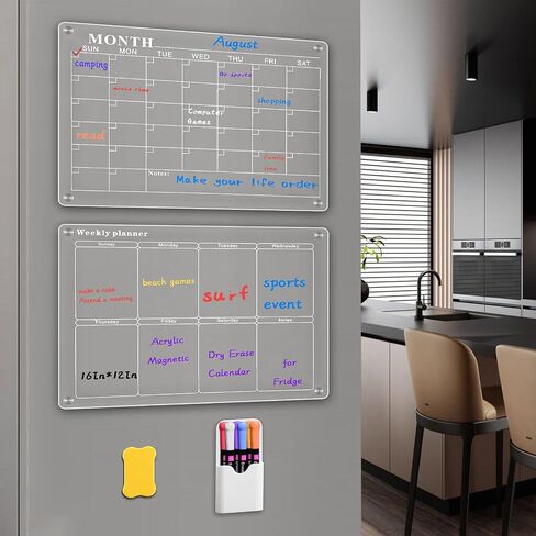 Amzone Acrylic Magnetic Calendar for Fridge 16"x12", 2 Set Monthly Weekly Dry Erase Board Planner for Refrigerator, Reusable Clear Calendar Includes Eraser and 6 Markers in Saudi Arabia