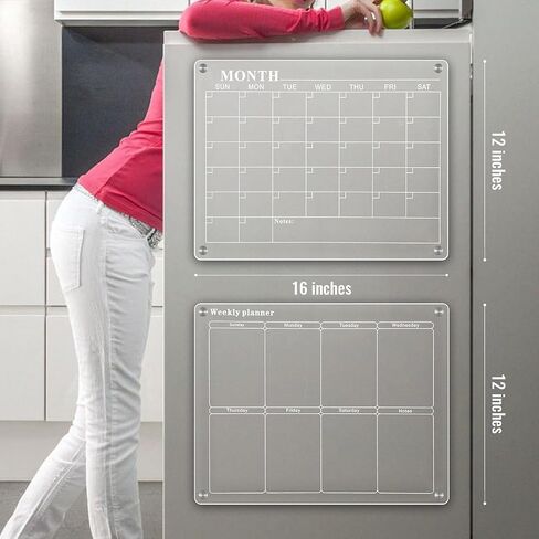 Amzone Acrylic Magnetic Calendar for Fridge 16"x12", 2 Set Monthly Weekly Dry Erase Board Planner for Refrigerator, Reusable Clear Calendar Includes Eraser and 6 Markers in Saudi Arabia