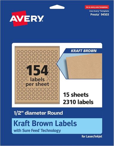 ملصقات مستديرة من Avery Kraft Brown مع تغذية مؤكدة، قطر 0.5 بوصة، 7,700 ملصق بني كرافت، طباعة إلى الحافة، ملصقات قابلة للطباعة بالليزر/نفث الحبر in Saudi Arabia