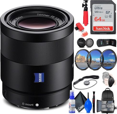 Sony Sonnar T FE 55mm f/1.8 ZA Lens (SEL55F18Z) + Filter Kit + Backpack + 64GB Card + Card Reader + Flex Tripod + Memory Wallet + Lens Cap Keeper + Cleaning Kit + Hand Strap + More (Renewed) in Saudi Arabia