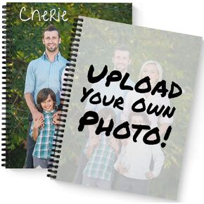 Create Your Own Photo Upload Personalized Notebook/Journal, Laminated Soft Cover, 120 pages of your selected paper, lay flat wire-o spiral. Size: 8.5" x 11". Made in the USA in Saudi Arabia