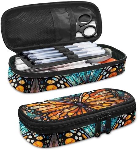 Stained Glass Butterfly Pencil Case Large Capacity Orange Vivid Butterflies Pen Box Makeup Pouch Holder Organizer Stationery Bag School Office College Traval in Saudi Arabia