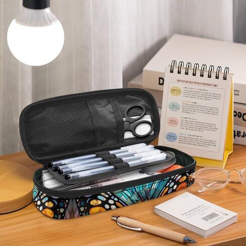 Stained Glass Butterfly Pencil Case Large Capacity Orange Vivid Butterflies Pen Box Makeup Pouch Holder Organizer Stationery Bag School Office College Traval in Saudi Arabia
