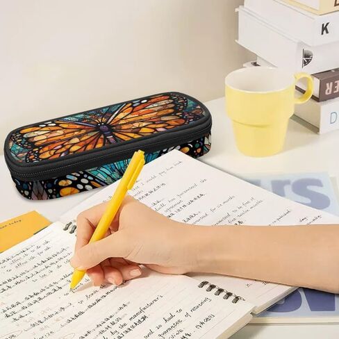 Stained Glass Butterfly Pencil Case Large Capacity Orange Vivid Butterflies Pen Box Makeup Pouch Holder Organizer Stationery Bag School Office College Traval in Saudi Arabia