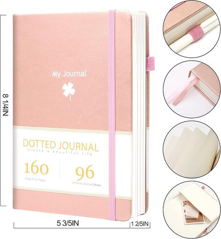 CAGIE Pink Leather Dotted Journal for Women-160GSM Thickened Grid Paper Hardcover Journals Notebook with Pocket 192 Pages 8.25'' x5.6'' A5 in Saudi Arabia