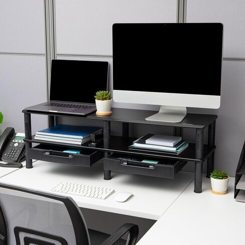 Mind Reader Anchor Collection, Extended 2-Tier Dual Monitor Stand, 40lb. Capacity, 38.5"L x 11"W x 10.5-12.5"H, Black in Saudi Arabia