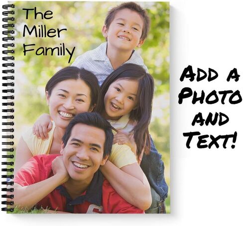 Create Your Own Photo Upload Personalized Notebook/Journal, Laminated Soft Cover, 120 pages of your selected paper, lay flat wire-o spiral. Size: 8.5" x 11". Made in the USA in Saudi Arabia