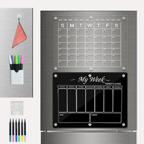 Acrylic Magnetic Calendar for Fridge,1pack Clear Magnetic Calendar Planner, Monthly and Clear Calenda with Markers,Reusable Planner and Whiteboard,Clear Fridge Calenda for Chore Chart