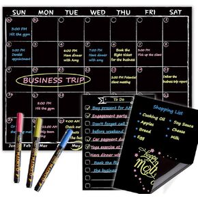 Magnetic Chalkboard Monthly Calendar with neon Bright Liquid Chalk Markers – Black Refrigerator Monthly Planning Board w/Bonus - Grocery List and Notepad for Kitchen Refrigerator in Saudi Arabia