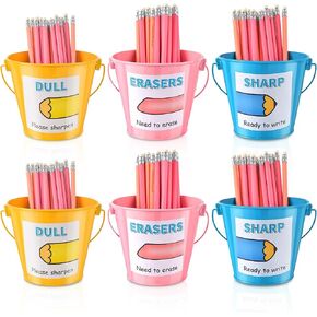 6 Pack Pencil Buckets for Classroom Metal Pencil Holders Colored Metal Buckets with Handle Sharp and Dull Pencil Buckets Eraser Pencil Buckets for Back to School Include 4 Stickers (4 inch High) in Saudi Arabia