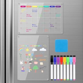 لوح مسح جاف مغناطيسي من الأكريليك وتقويم للثلاجة، قطعتان من لوح مسح جاف شفاف للثلاجة، تقويم لوح مخطط قابل لإعادة الاستخدام يتضمن 8 علامات مسح جاف مغناطيسية 8 ألوان وممحاة مغناطيسية in Kuwait