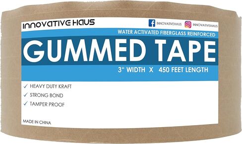 INNOVATIVE HAUS 3 Inches Width x 450 Feet Fiberglass Reinforced Gummed Tape for Package Brown Heavy Duty Water Activated Kraft Strong Bond Packaging Boxes. Prevent Package Theft and Tampering in Kuwait