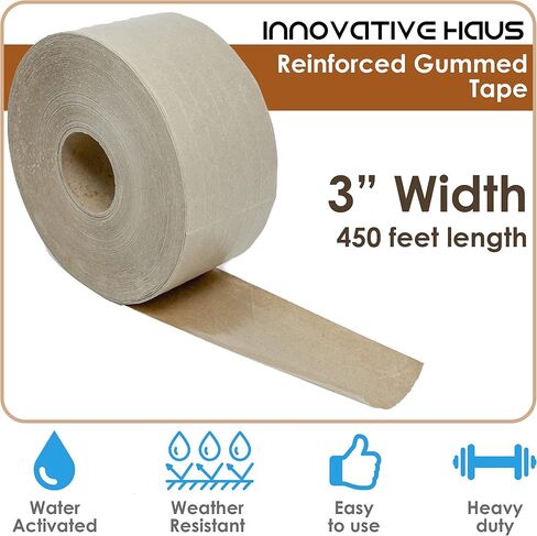 INNOVATIVE HAUS 3 Inches Width x 450 Feet Fiberglass Reinforced Gummed Tape for Package Brown Heavy Duty Water Activated Kraft Strong Bond Packaging Boxes. Prevent Package Theft and Tampering in Kuwait
