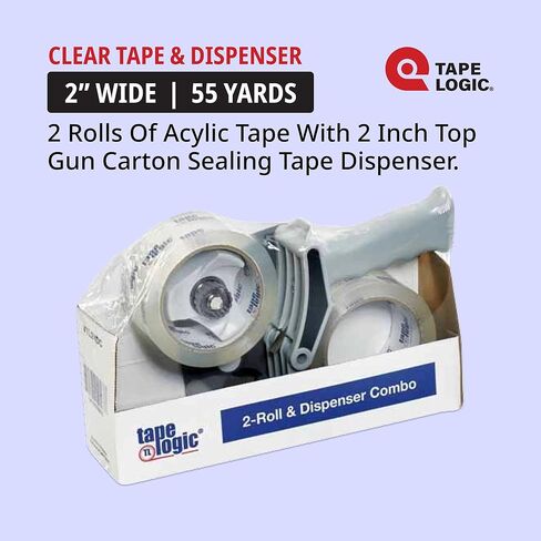 شريط تغليف عالي التحمل من تاب لوجيك، عبوتين مع موزع مسدس شريط، 2 بوصة × 55 ياردة، 2.6 مل، شريط تغليف شفاف يذوب بالحرارة للتحرك، صناديق الشحن، المنزل أو المكتب in Kuwait