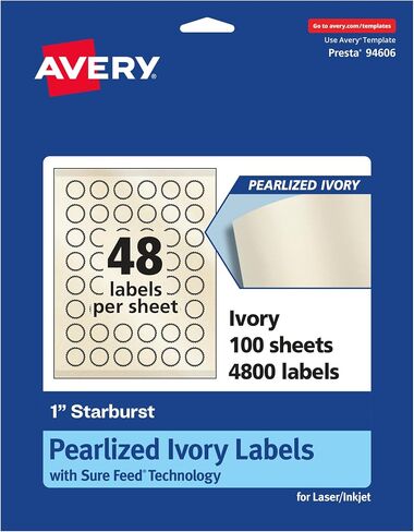 Avery Pearlized Ivory Starburst Labels with Sure Feed Technology, Print-to-The-Edge, 1", 4,800 Pearlized Ivory Labels, Laser/Inkjet Printable Labels in Saudi Arabia
