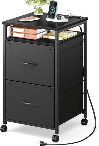 Uliyati File Cabinet, Fabric Filing Cabinet with Socket & USB Charging Port, Vertical Rolling Printer Stand with 2 Drawers, Mobile Filing Cabinet with Open Shelf, A4 or Letter Size, for Home Office in Saudi Arabia