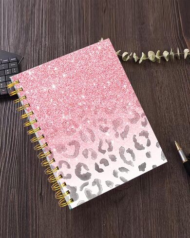 iampanda دوامة مجلة دفتر، قوي مزدوج الأسلاك ملزمة مع ورقة قسط للفتيات النساء، تصميم جرلي الحديثة 60 ورقة A5 كلية حكمت دفتر / مجلة، مثالية للهدايا مكتب المدرسة المنزل، الوردي بريق الفهد in Kuwait