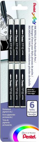 Pentel Arts Pocket Brush Refills, Black Ink, Pack of 6 (FP10BP6A) in Saudi Arabia