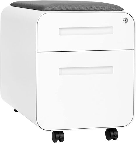 Laura Davidson Furniture STOCKPILE Mini Seated 2 Drawer Mobile File Cabinet with Removable Magnetic Cushion Seat - Short Version, Metal Filing Cabinet, Pre-Assembled, Black with Grey Cushion in Kuwait