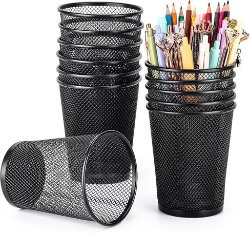 Tecbeauty 12Pcs Pen Holder Mesh Pencil Holder Metal Pen Cup Organizer for Desk Office Black(5.3X4.3X3.2 inches) in Kuwait
