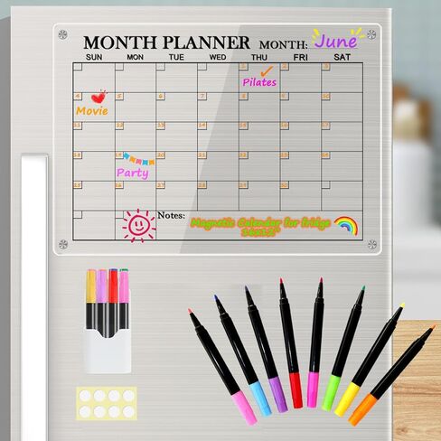 Acrylic Magnetic Calendar for Fridge, 16 x 12 inches Clear Montly Calendar Planner Dry Erase Board for Refrigerator Includes 8 Markers in Kuwait
