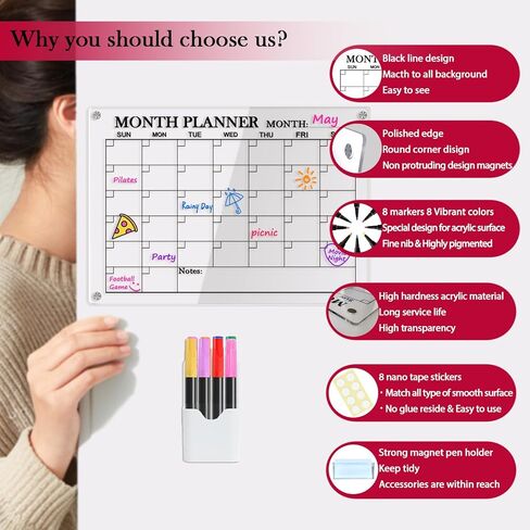 Acrylic Magnetic Calendar for Fridge, 16 x 12 inches Clear Montly Calendar Planner Dry Erase Board for Refrigerator Includes 8 Markers in Kuwait