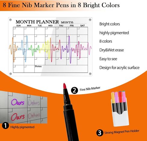 Acrylic Magnetic Calendar for Fridge, 16 x 12 inches Clear Montly Calendar Planner Dry Erase Board for Refrigerator Includes 8 Markers in Kuwait