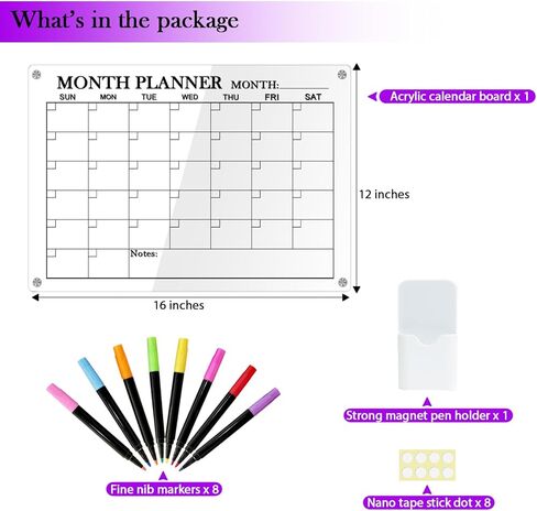 Acrylic Magnetic Calendar for Fridge, 16 x 12 inches Clear Montly Calendar Planner Dry Erase Board for Refrigerator Includes 8 Markers in Kuwait
