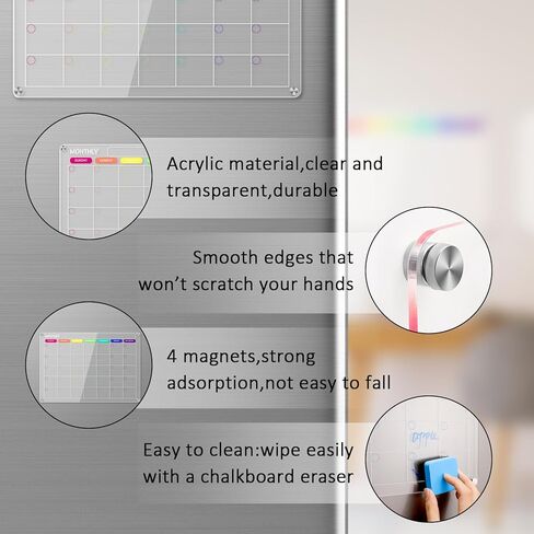 لوح مسح جاف مغناطيسي من الأكريليك وتقويم للثلاجة، قطعتان من لوح مسح جاف شفاف للثلاجة، تقويم لوح مخطط قابل لإعادة الاستخدام يتضمن 8 علامات مسح جاف مغناطيسية 8 ألوان وممحاة مغناطيسية in Kuwait