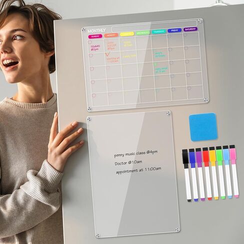 لوح مسح جاف مغناطيسي من الأكريليك وتقويم للثلاجة، قطعتان من لوح مسح جاف شفاف للثلاجة، تقويم لوح مخطط قابل لإعادة الاستخدام يتضمن 8 علامات مسح جاف مغناطيسية 8 ألوان وممحاة مغناطيسية in Kuwait