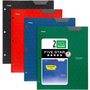 Five Star 2 Pocket Folders, 4 Pack, Stay-Put Folders, Plastic Colored Folders with Pockets & Prong Fasteners for 3-Ring Binders, 11" x 8-1/2", Black, Red, Green, Blue (38049)