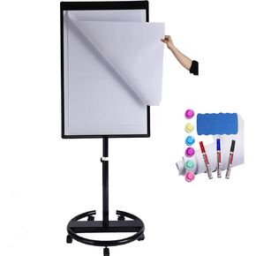 40 X 28 Inch Mobile Magnetic Whiteboard, Height Adjustable Dry Erase Easel on Rolling Stand with Flipchart Easel Pad, Magnets & Eraser, Black