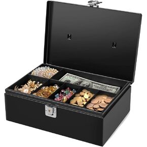 Flexzion Cash Box with Money Tray - Metal Cash Box for Small Businesses, 7-Compartment Black Cash Box Latch Lock for Petty Cash, Checks, Coins, and Valuables, Portable Money Box for Cash Storage