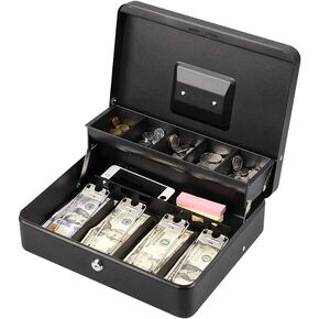 LIANTRAL Cash Box, Large Size Money Box with Lock and 5 Compartment Tray, 4 Spring-Loaded Clips for Bill(11.8" x 9.5" x 3.5"), Black in Kuwait