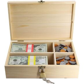 Mczxon Wooden Locking Currency Money Cash Tray with Coin Organizer, 4 Compartment Wooden Cash Money Currency Organizer Storage Change Box Case Holder Moneyboxes with Lockable Cover 300 Money Wrappers in Kuwait