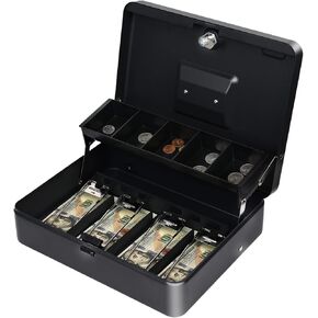 Cash Box Key Lock on Side, Cash Box with Money Tray & Key Lock 4 Bill 5 Coin Slots,Large Safe Lock Box with Key,Metal Money Saving Organizer for Security 11.8L x 9.5W x 3.5H Inches, Black