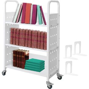 Book Cart, Library Cart 3-Shelf, Single Sided V-Shaped Rolling Book Cart with 4 Lockable Wheels for Home Shelves Office School Book Truck, Black