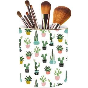 Pen Holder, Makeup Brush Holder Ceramic Shiny Gold Tropical Cactus Green Succulents Pattern Pencil Cup for Girls Kids Women Durable Stand Desk Organizer Storage Gift for Office, Classroom, Home