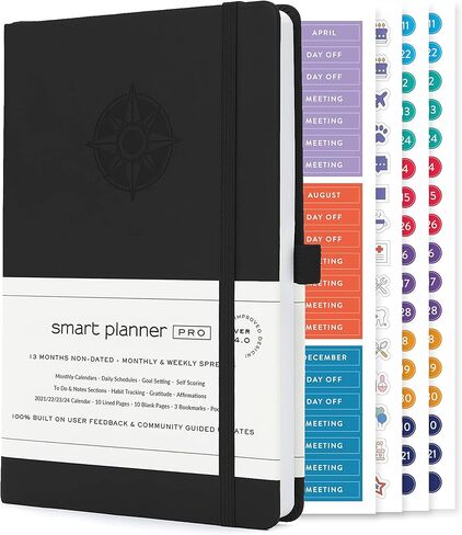 Smart Planner Pro - صغير 8.6 × 5.7 بوصة (A5) - مخطط يومي غير مؤرخ - تم اختباره وثبت أنه يحقق الأهداف وزيادة الإنتاجية وإدارة الوقت والسعادة مع أقسام أسبوعية وشهرية وأقسام الامتنان وجيب خلفي (أسود) in Kuwait